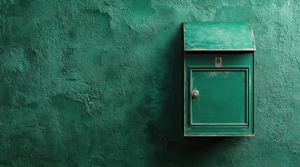 Minimalist retro green mailbox on dark green wall with vintage delivery concept
