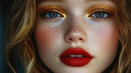 Golden makeup close-up of woman with red lips