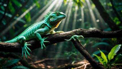 Fototapeta premium Green Iguana Relaxing on a Branch in Sunlit Jungle Setting