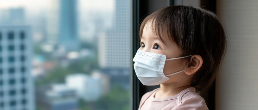Child with Face Mask Looking Out a Window in a Modern Urban Setting