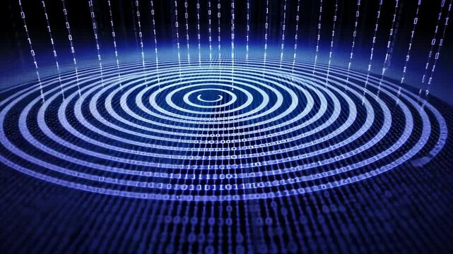 Abstract glowing blue binary code background with circle waves, data stream concept.