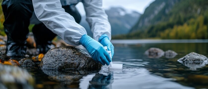 Researcher Collecting Water Sample from Mountain Stream for Environmental Analysis and Study
