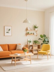 Bright and cozy living room with orange sofa, yellow armchair, and wooden furniture