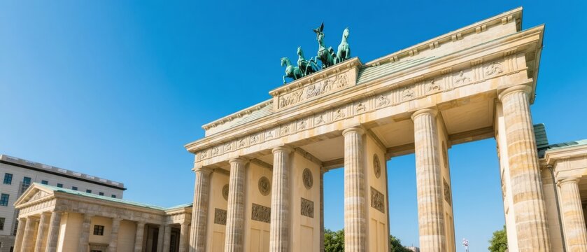 The Brandenburg Gate under a clear blue sky, showcasing its neoclassical architecture and historical significance.