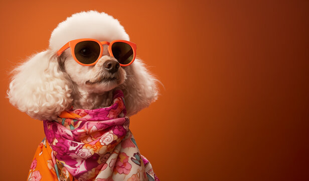 Stylish Poodle wearing orange sunglasses, colorful floral scarf. Modern, fashionable animal portrait on orange background. Wide space for text.