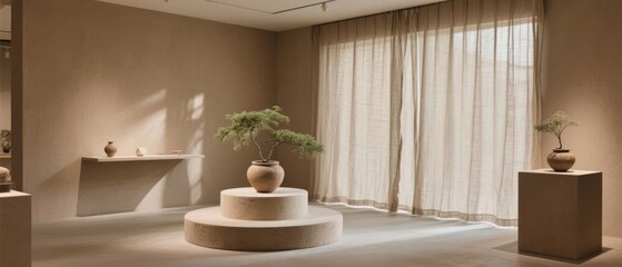 Fototapeta premium Minimalist Interior with Potted Plants on Tiered Stands