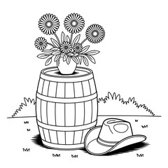 barrel with a cow boy hat coloring page line art