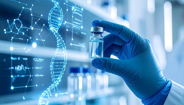 Gloved hand holds a vial with blue liquid against a backdrop of glowing DNA strands and data.