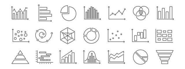 Basic charts line icon set.  Bar diagram, pie and histogram graph. Data visualization, growth and distribution analysis for business and finance. Vector illustration Editable Stroke