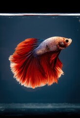 close-up photographic image of a betta fish, with a long, large, deep, shimmering, red, dark tail, swimming in crystal-clear, clear water