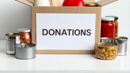 Assorted canned goods and non perishable food items packed for charity donations in a cardboard box with a bright white background