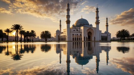 Majestic mosque at sunrise, reflecting in calm water.