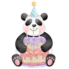 Hand-painted watercolor birthday theme panda cartoon