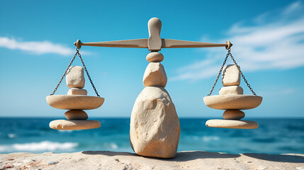 Symbolic stone scales set against the backdrop of the ocean and clear blue sky. Idea of harmony and balance.