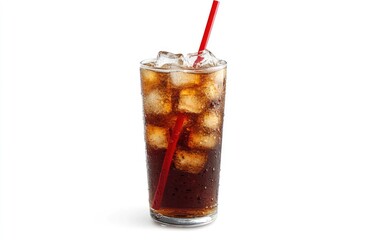 Iced cola in tall glass with red straw