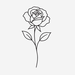 A black silhouette of a rose with two leaves, created in the style of an expressive calligraphy brush stroke. The line has varied thickness and a fluid energy. Sumi-e inspired vector art, on a white b