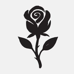 A black silhouette of a rose with two leaves, created in the style of an expressive calligraphy brush stroke. The line has varied thickness and a fluid energy. Sumi-e inspired vector art, on a white b