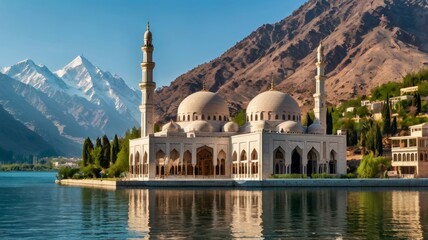 Majestic mosque by lake and mountains.