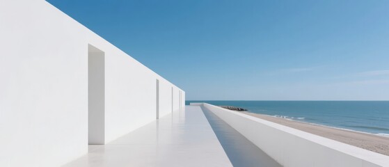 Modern white wall structure extending towards the ocean under a clear blue sky