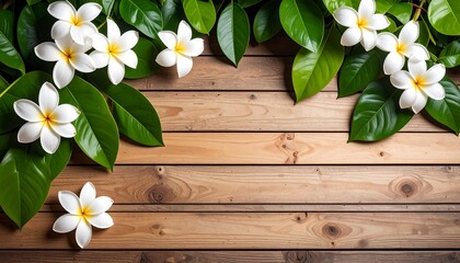 Obraz premium Overhead view of white flowers and glossy green leaves framing a rustic wooden deck with copy space