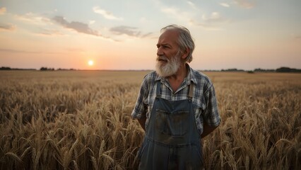 Rural Life Glow &ndash; Plaid-Clad Figure Among Ripe Wheat at Dusk