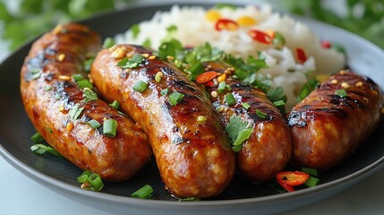 Grilled Sausages with Rice and Herbs on a Plate