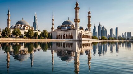 Majestic mosque reflected in calm water, surrounded by modern city skyline under a clear sky.