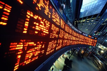 Stock market data processing with global implications showcased through digital displays at night, stock market text and data processing over globe