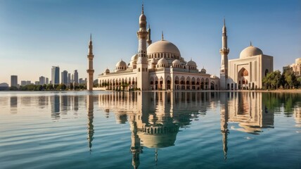 Majestic mosque reflected in calm water, surrounded by modern city skyline under a clear sky.