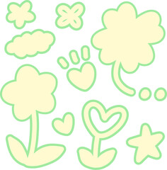 Pastel Green Outline Flower, Clover, Bubble Sticker Pack PNG
