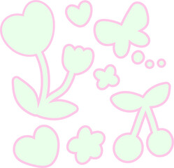 Pastel Pink Outline Tulip, Butterfly, Heart Sticker Pack PNG