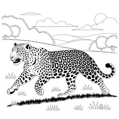 A vector-style line drawing of a leopard sprinting at high speed coloring page line art