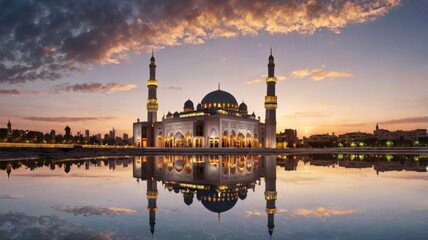 Majestic Mosque Reflecting at Sunset Over Cityscape.