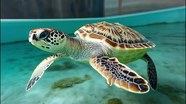 Sea turtle swimming in clear water with sunlight reflecting on shell pattern. 