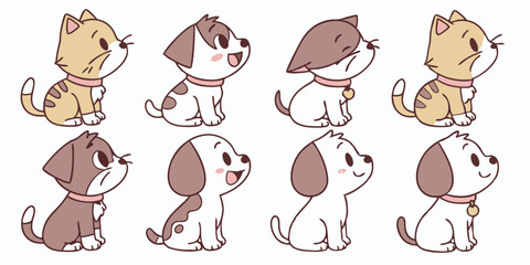 Cute and funny cartoon animal character vector illustration set including happy dogs, cats, and puppies