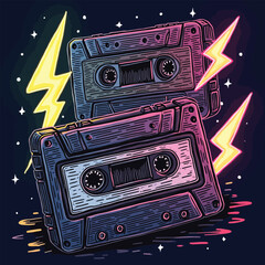 Fototapeta premium Retro cassette tapes vector illustration with lightning Colorful 80s or 90s synthwave style music design for poster or t-shirt print