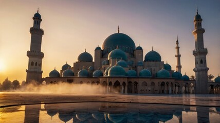 Majestic Mosque Silhouette at Sunrise A breathtaking view of a grand mosque at dawn.