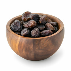 A small wooden bowl filled with plump dried dates, isolated on a white background
