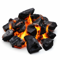 Red-hot barbecue charcoal glowing intensely with flames, isolated on a white background