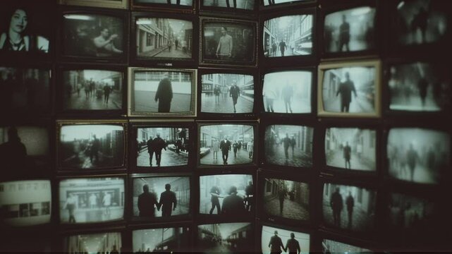 Multiple screens displaying black and white urban scenes. Surveillance system concept. City life monitoring. Social observation and data collection. Privacy concerns in modern society.