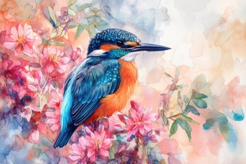 Fototapeta premium Colorful wild bird resting among vibrant flowers in a serene natural setting, beautiful wild bird sitting among flowers