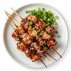 A white plate with skewered yakitori chicken, garnished with green onions, isolated on a white background