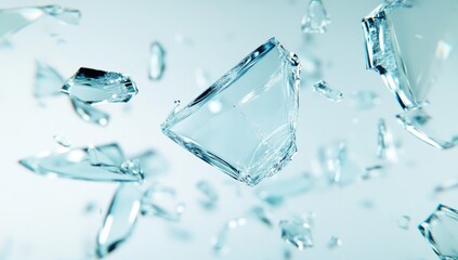 Shattered glass fragments in mid-air against a light background