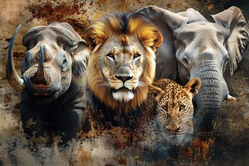 Collage showcasing the majestic African big five wildlife in a stunning artistic composition, african big five wild animals collage montage composite buffalo lion leopard elephant rhino