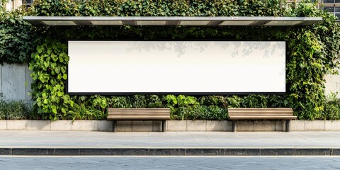 realistic billboard mockup with empty space at a quiet bus stop in a residential district, surrounded by greenery and modern benches, muted color palette