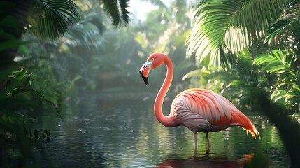 Fototapeta premium Flamingo in peaceful lush sundown scene high resolution picture