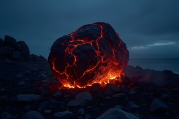 A solitary lava boulder glowing like a lantern in the dark.
