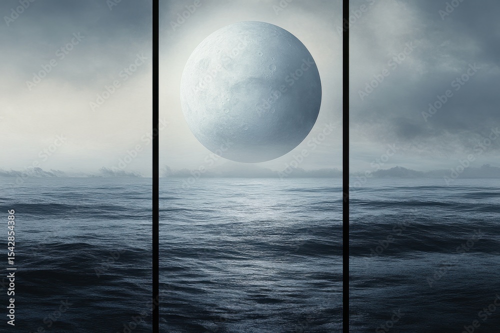 Poster Hazy lunar eclipse casts ethereal glow over calm ocean waters at dusk, Hazy Moon Eclipse Over Ocean 3 Part Vertical Background