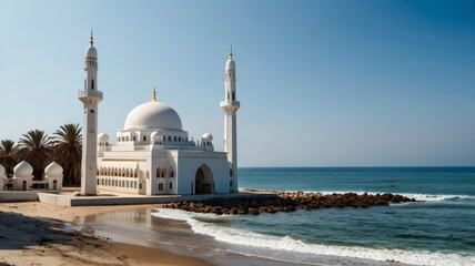 Majestic white mosque by the sea.