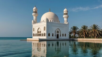 Majestic white mosque by the sea.
